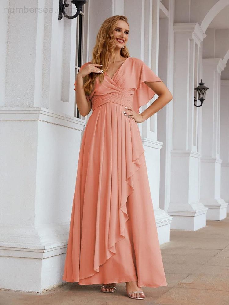 Numbersea Chiffon Bridesmaid Dresses Long Formal Evening Prom Mother of The Bride Dress with Flutter Sleeve     SEA28040