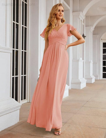Numbersea Chiffon Bridesmaid Dress Cap Sleeves Maxi Prom Gowns Party Wedding Mother of The Bride Dresses for Women SEA28047