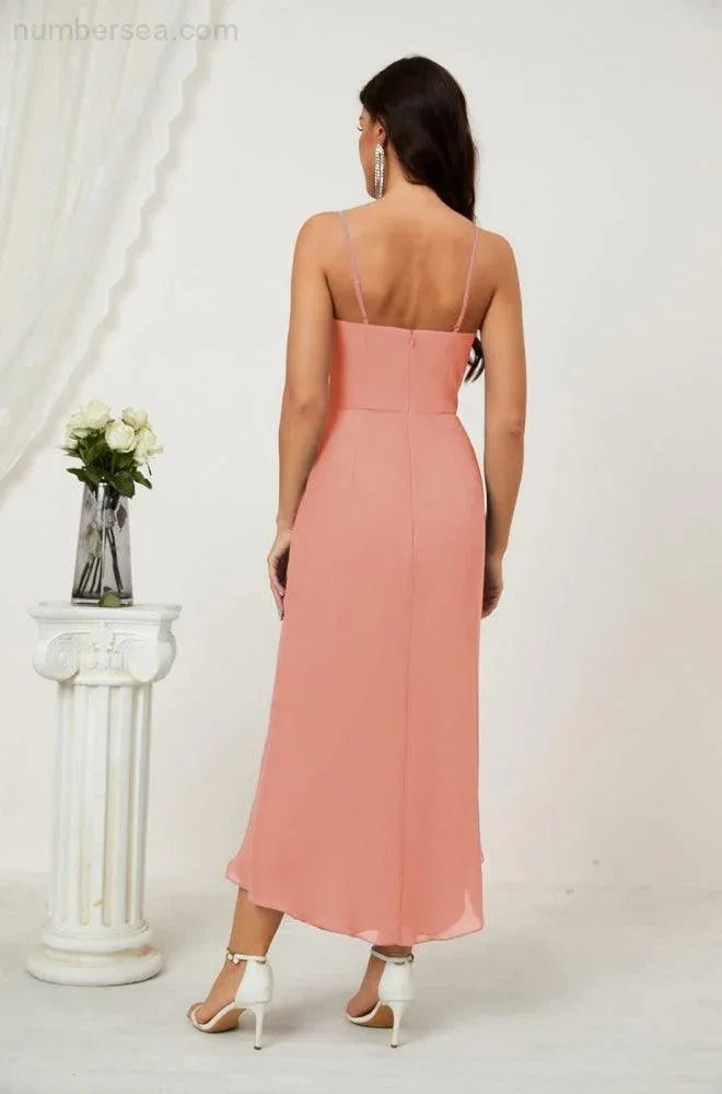 Vestido de Dama de Honor de Chifón Spaghetti con Escote en V y Abertura al Frente de Longitud Media para Fiesta Formal, Baile de Graduación y Regreso a Casa 2803