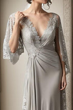 Beautiful Long Silver V-neck Mother of Bride Satin Bridesmaid Dress With Lace