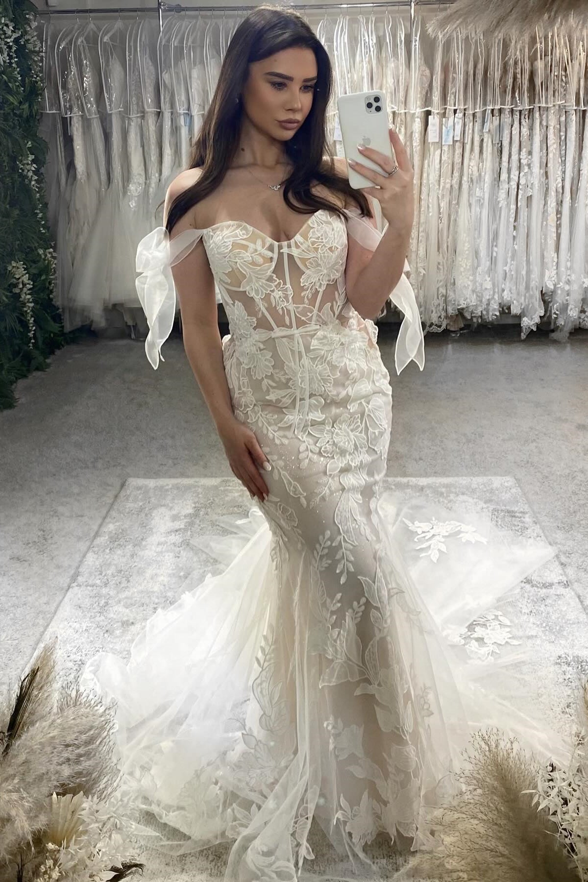 Wunderschönes Meerjungfrau-Süßherz-Ärmelloses Applikationen-Tüll-Spitzen-Brautkleid