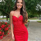 Schönes Kurzes Rot Spaghettiträger Spitze Ärmelloses Homecoming-Kleid