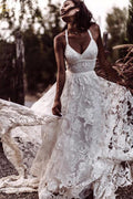 Bellissimi Abiti da Sposa Lunghi a Linea A con Scollo a V e Spalline in Pizzo, Vestito da Sposa, MW523