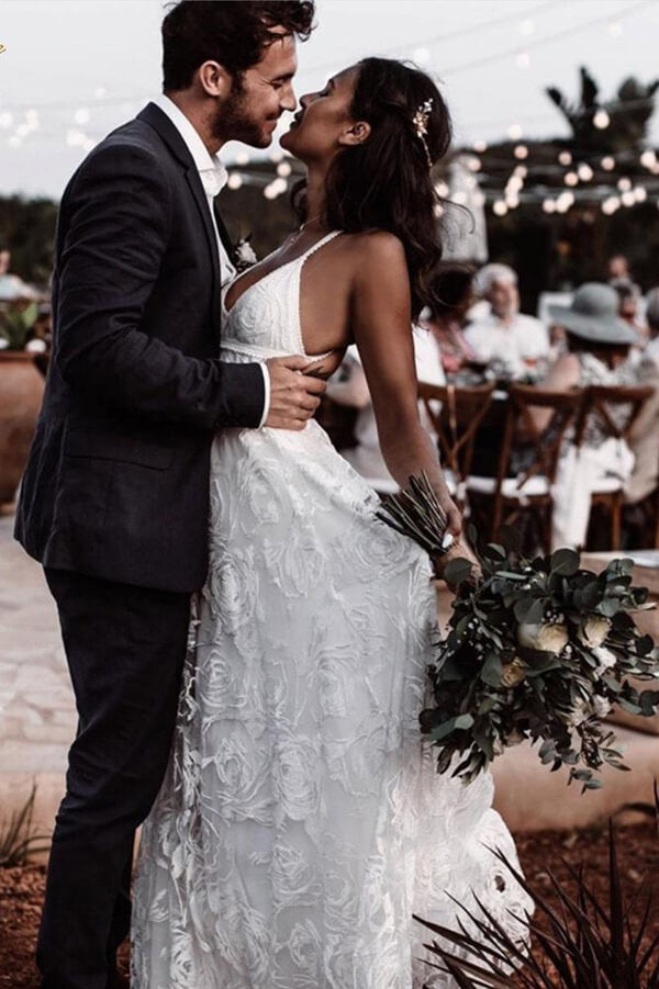 Wunderschönes A-Linie V-Ausschnitt Spitzenträger Langes Brautkleid, Brautkleid, MW523 