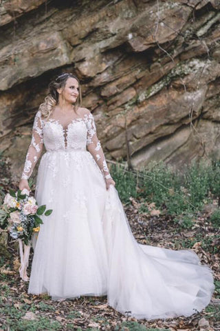 Wunderschönes Spitzen-Brautkleid in Übergröße, A-Linie, mit langen Ärmeln, MW538