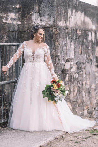Wunderschönes Spitzen-Brautkleid in Übergröße, A-Linie, mit langen Ärmeln, MW538