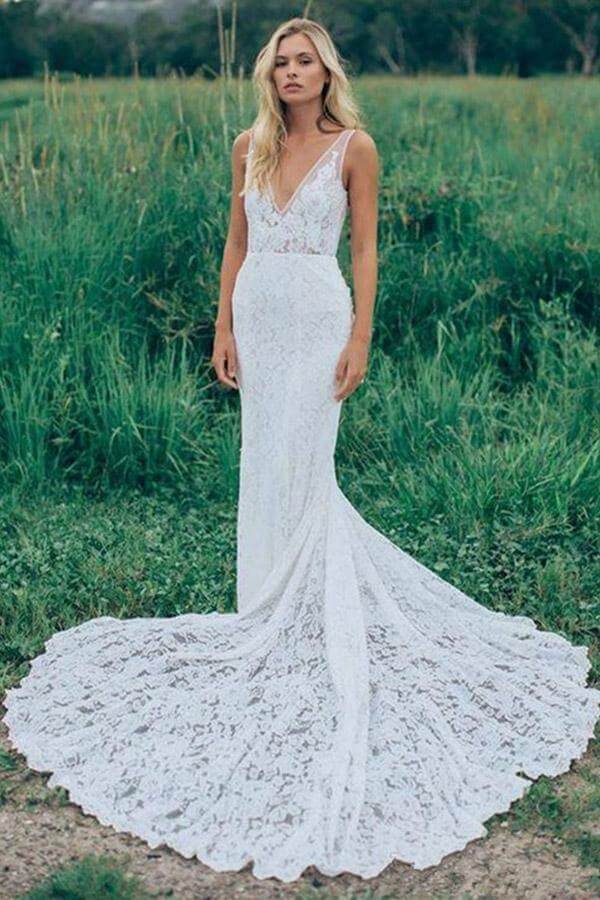 Beautiful Lace Sheath V Neck Wedding Dress, Bridal Dress With Train, MW528