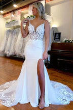 Schönes Meerjungfrau-Satin-Spitzen-Brautkleid mit Seitenschlitz