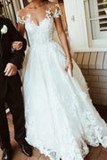 Bellissimi Abiti da Sposa Bianchi in Pizzo con Scollatura Illusion e Linea A, Vestito Nuziale, MW563
