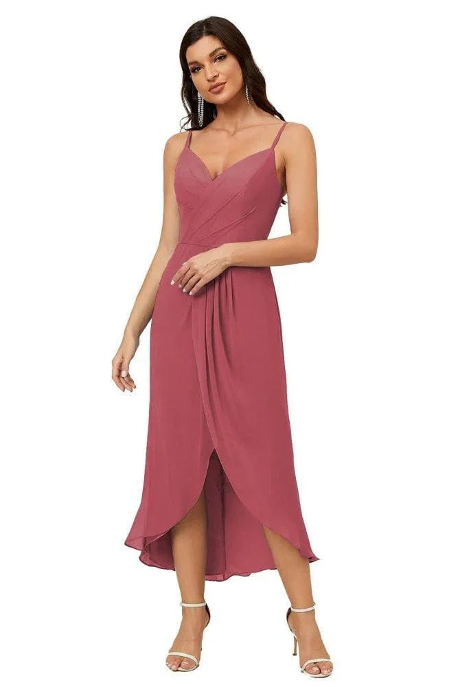 Numbersea Spaghetti-Träger Chiffon V-Ausschnitt Brautjungfernkleid Mittellanger Schlitz Formelles Abschlussballkleid Homecoming-Kleid 2803