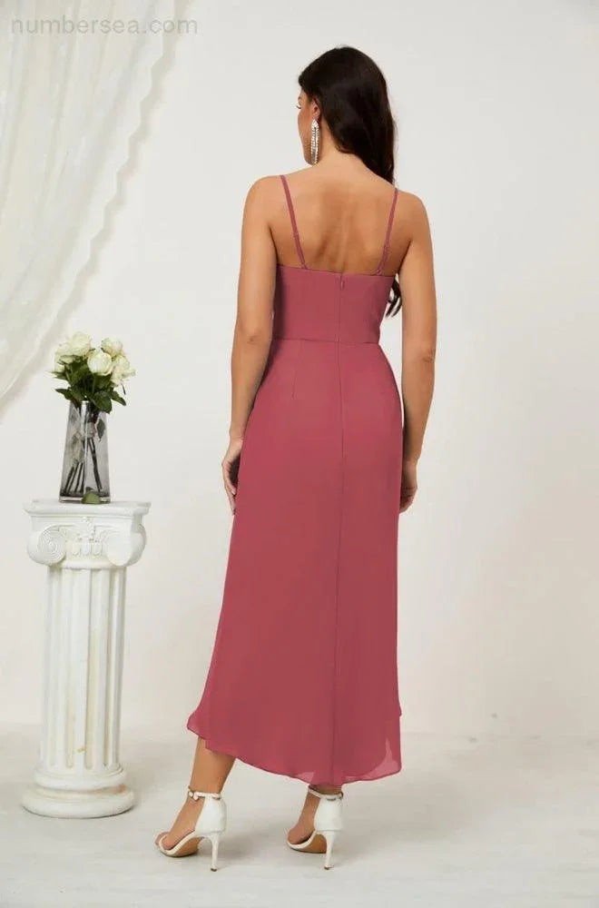 Vestido de Dama de Honor de Chifón Spaghetti con Escote en V y Abertura al Frente de Longitud Media para Fiesta Formal, Baile de Graduación y Regreso a Casa 2803