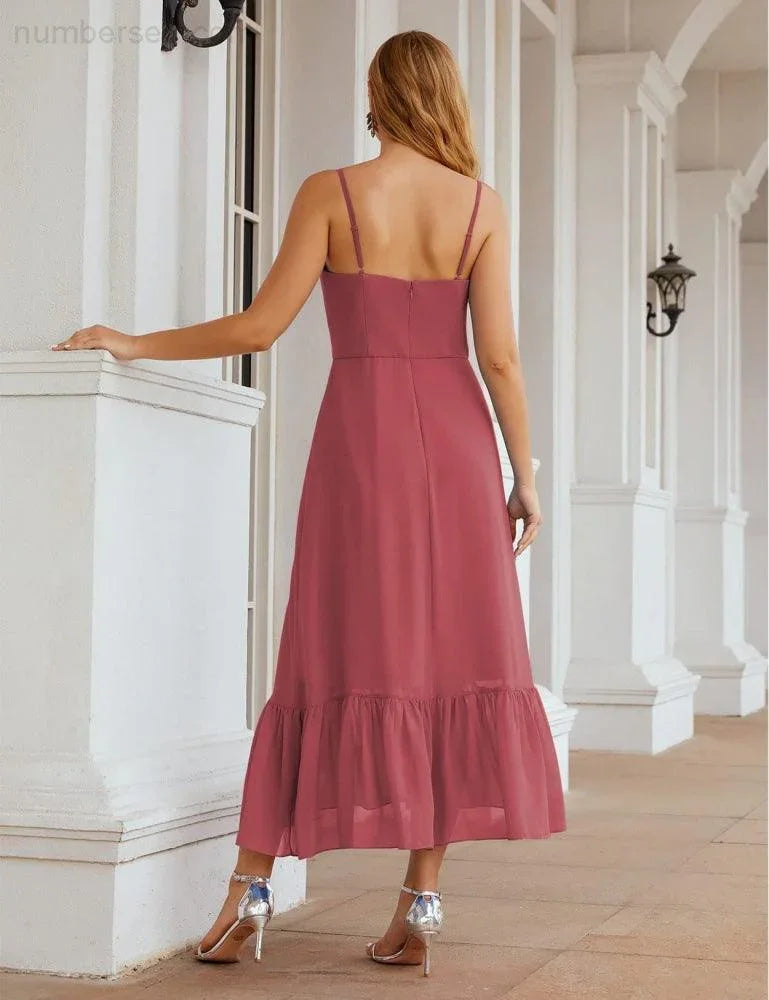 Numbersea Spaghetti-Träger Chiffon Brautjungfernkleid Knöchellänge Formell A-Linie Cocktail Party Homecoming-Kleid für Juniorinnen SEA28028