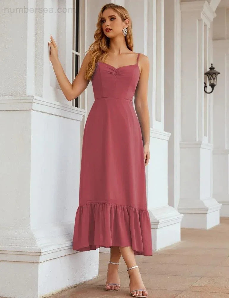 Numbersea Spaghetti-Träger Chiffon Brautjungfernkleid Knöchellänge Formell A-Linie Cocktail Party Homecoming-Kleid für Juniorinnen SEA28028
