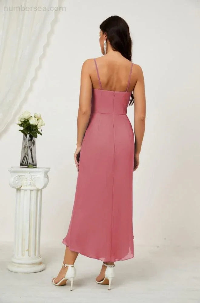 Vestido de Dama de Honor de Chifón Spaghetti con Escote en V y Abertura al Frente de Longitud Media para Fiesta Formal, Baile de Graduación y Regreso a Casa 2803