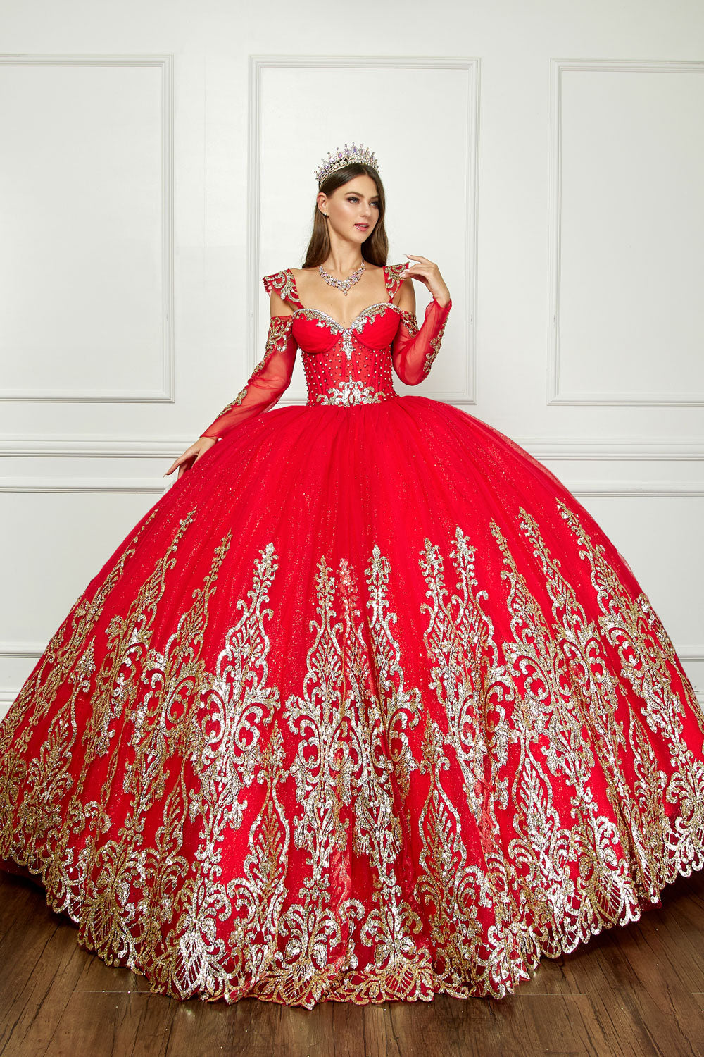 Off Shoulder Long Sleeve Ball Gown by Petite Adele PQ1065
