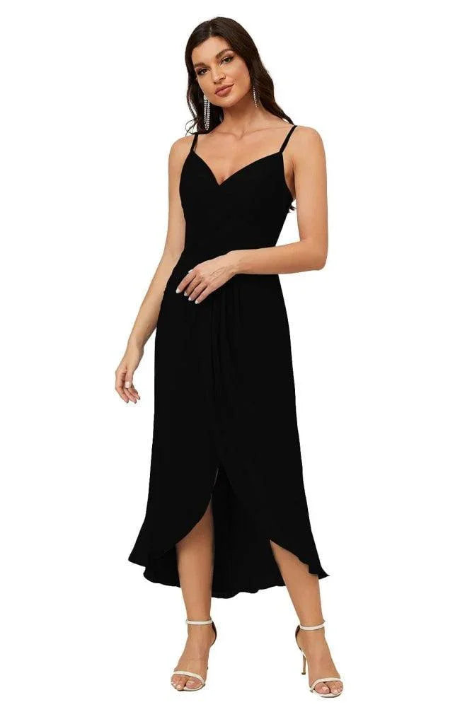 Numbersea Spaghetti-Träger Chiffon V-Ausschnitt Brautjungfernkleid Mittellanger Schlitz Formelles Abschlussballkleid Homecoming-Kleid 2803