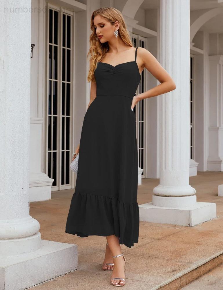 Numbersea Spaghetti-Träger Chiffon Brautjungfernkleid Knöchellänge Formell A-Linie Cocktail Party Homecoming-Kleid für Juniorinnen SEA28028