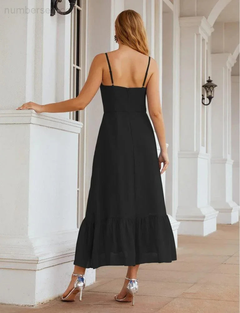 Numbersea Spaghetti-Träger Chiffon Brautjungfernkleid Knöchellänge Formell A-Linie Cocktail Party Homecoming-Kleid für Juniorinnen SEA28028
