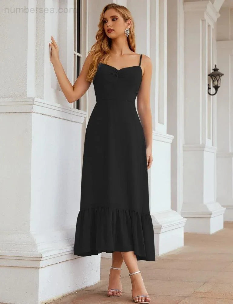 Numbersea Spaghetti-Träger Chiffon Brautjungfernkleid Knöchellänge Formell A-Linie Cocktail Party Homecoming-Kleid für Juniorinnen SEA28028
