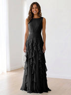 Sleeveless Tiered Chiffon Maxi Evening Gown with Ruched Bodice