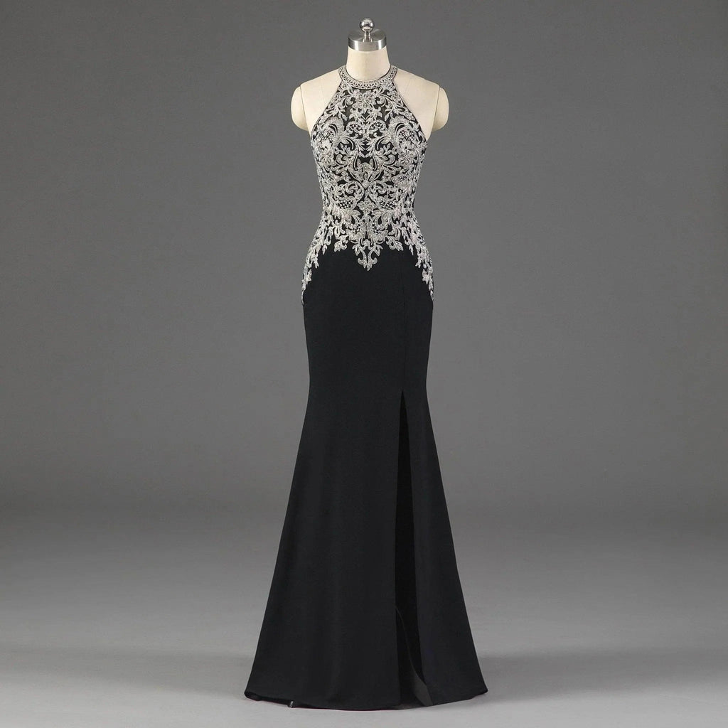 Vestidos de mãe da noiva com costas abertas e aplicações