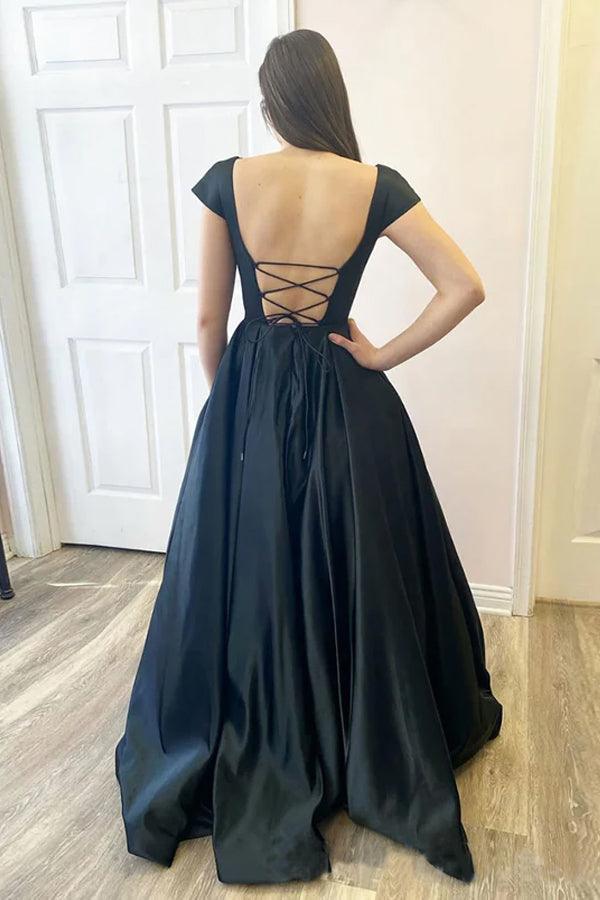 Schwarzes A-Linie Satin Offene Schwarze Flügelärmel Langes Ballkleid PSK373