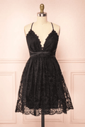 Robe courte de soirée A-line à bretelles en dentelle noire Robes de bal de fin d'études PD466