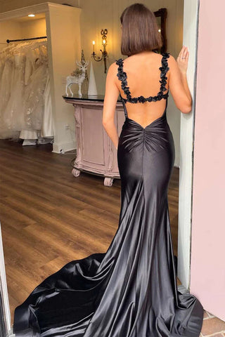 Vestido de baile longo preto sereia floral de cetim PSK527