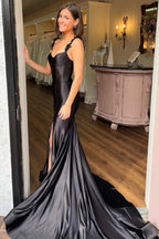 Satin Floral Mermaid Black Long Prom Dress Formal Dress PSK527