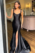 Satin Blumen Meerjungfrau Schwarz Langes Ballkleid Abendkleid PSK527