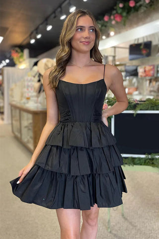 Schwarzes Satin-A-Linien-Kurzkorsett-Heimkehrkleid mit Trägern und Schleife PD543
