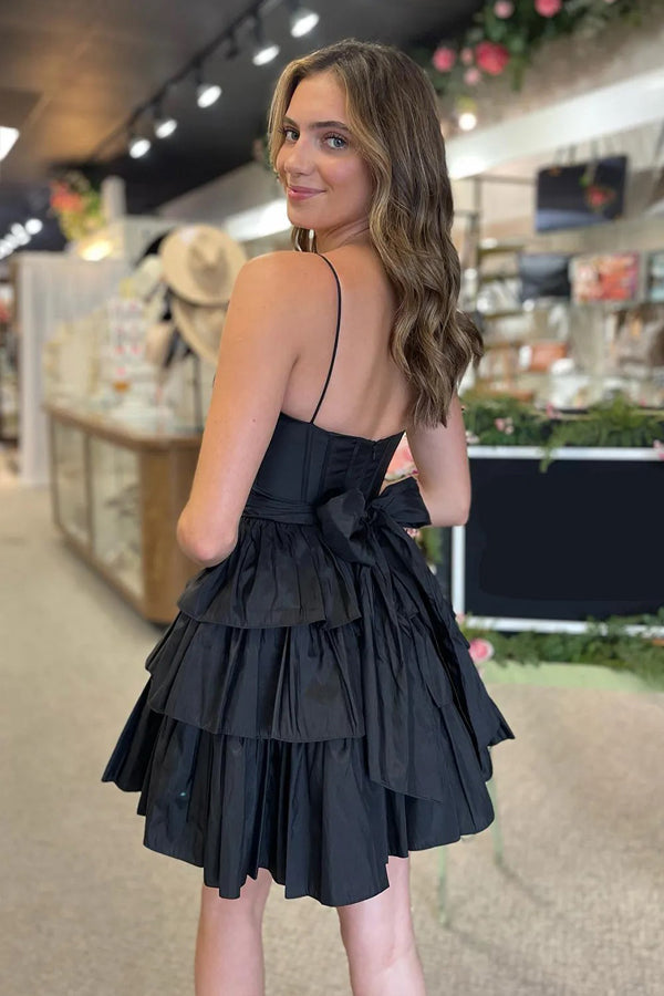 Black Straps Satin A-Line Short Corset Homecoming Dress With Bow PD543