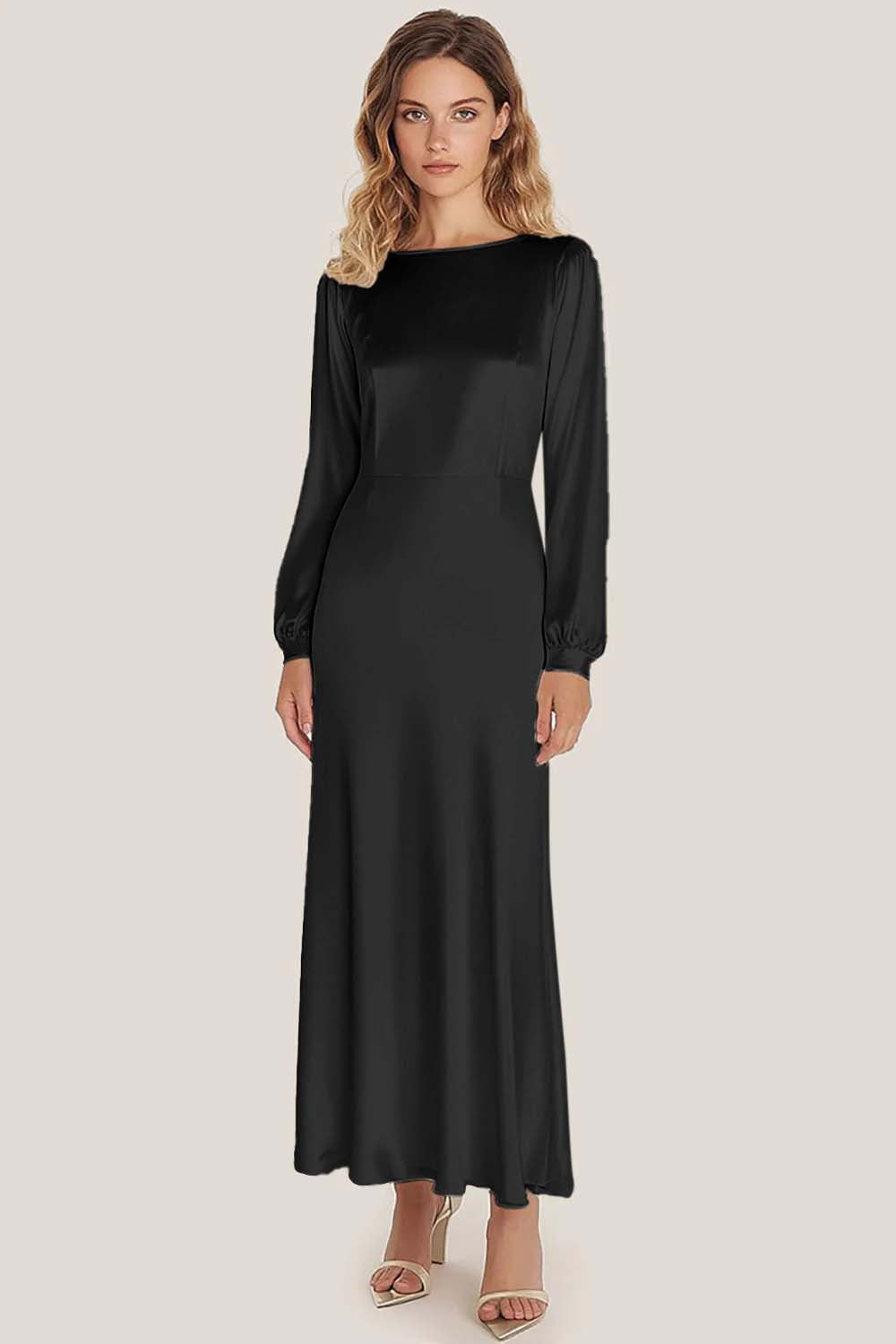 Ivory Satin Scoop Neck A-Line Ankle Length Formal Dress with Long Sleeves