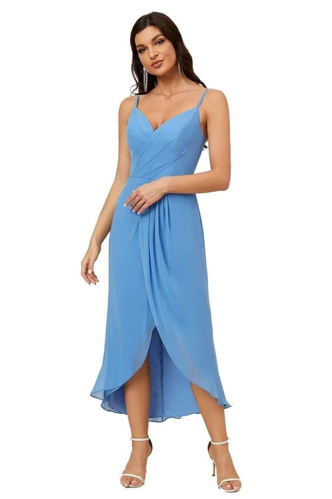 Numbersea Spaghetti-Träger Chiffon V-Ausschnitt Brautjungfernkleid Mittellanger Schlitz Formelles Abschlussballkleid Homecoming-Kleid 2803