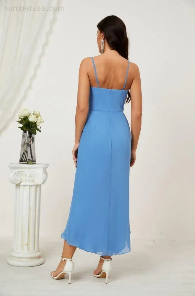 Numbersea Spaghetti-Träger Chiffon V-Ausschnitt Brautjungfernkleid Mittellanger Schlitz Formelles Abschlussballkleid Homecoming-Kleid 2803
