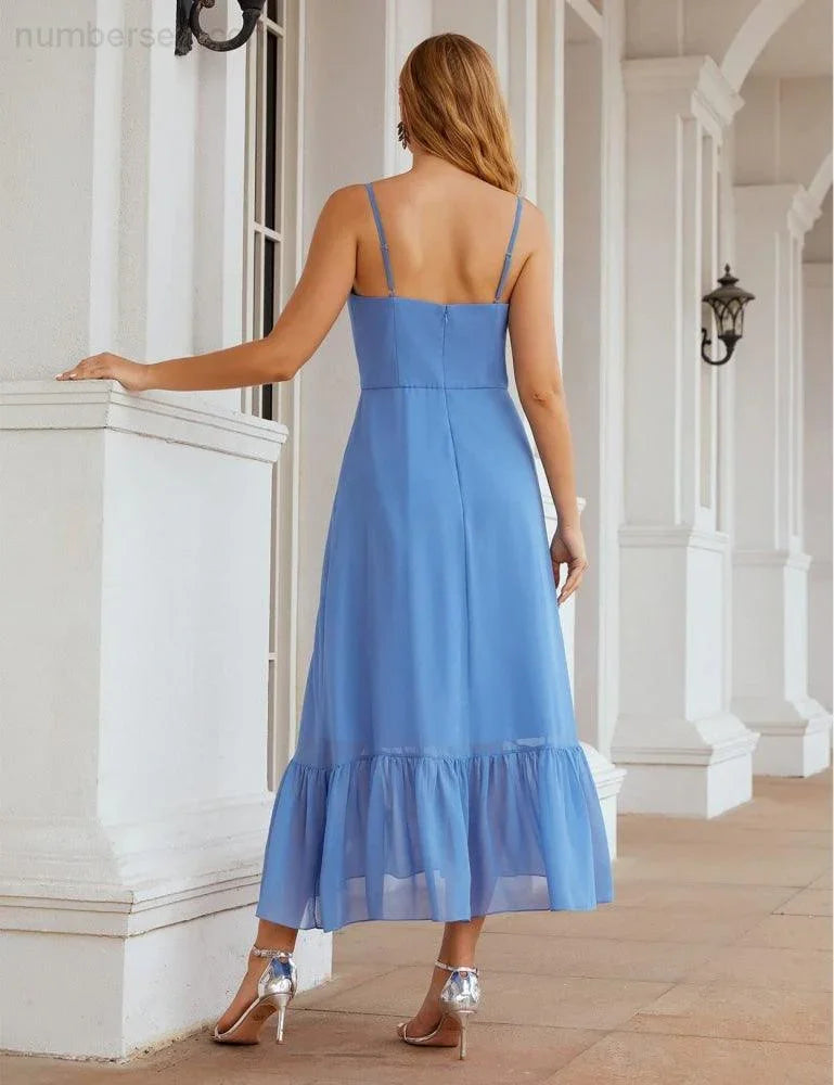 Numbersea Spaghetti-Träger Chiffon Brautjungfernkleid Knöchellänge Formell A-Linie Cocktail Party Homecoming-Kleid für Juniorinnen SEA28028