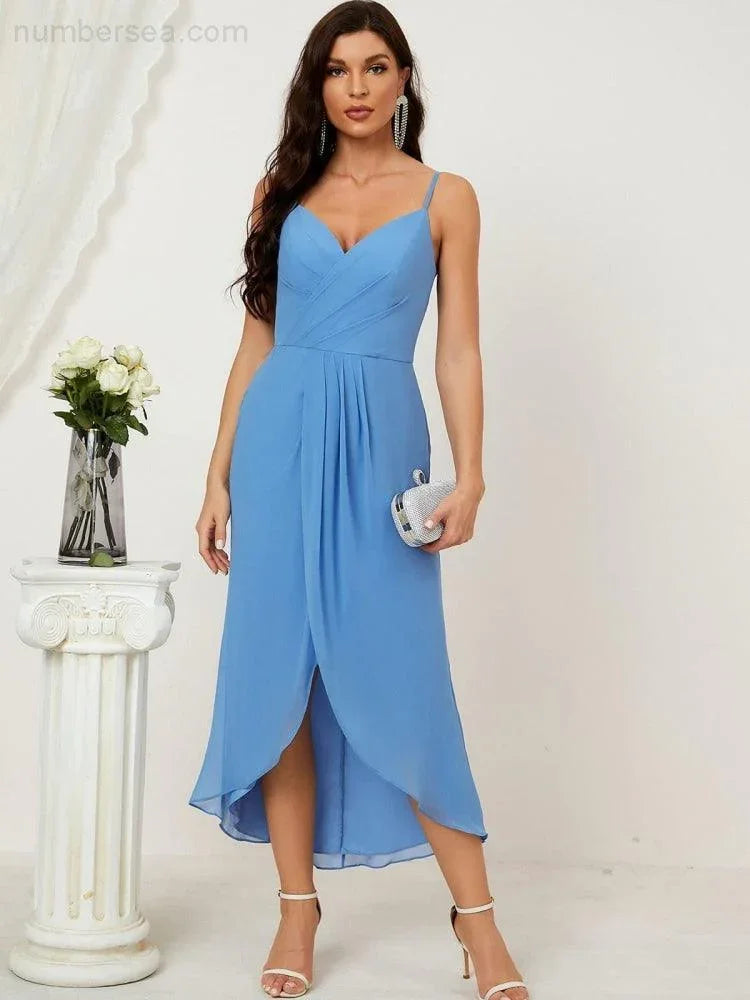 Numbersea Spaghetti-Träger Chiffon V-Ausschnitt Brautjungfernkleid Mittellanger Schlitz Formelles Abschlussballkleid Homecoming-Kleid 2803