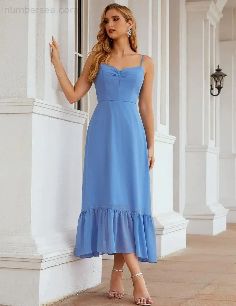 Numbersea Spaghetti-Träger Chiffon Brautjungfernkleid Knöchellänge Formell A-Linie Cocktail Party Homecoming-Kleid für Juniorinnen SEA28028