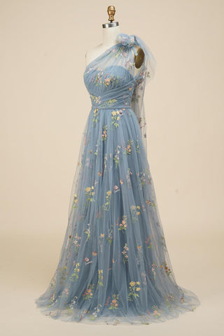 A-Line One-Shoulder Floral Embroidery Blue Long Prom Dress PSK320