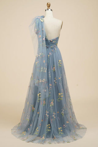 A-Line One-Shoulder Floral Embroidery Blue Long Prom Dress PSK320