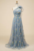 Robe de bal longue bleue à une épaule avec broderie florale, ligne A, référence PSK320