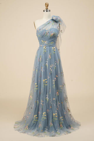 A-Line One-Shoulder Floral Embroidery Blue Long Prom Dress PSK320