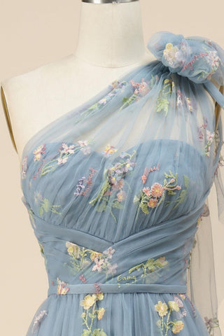 A-Line One-Shoulder Floral Embroidery Blue Long Prom Dress PSK320