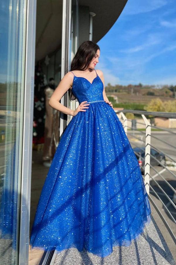 Vestido de baile comprido de tule azul com corte A e brilhantes vestidos de noite formais PSK394