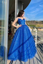 Vestido de baile comprido de tule azul com corte A e brilhantes vestidos de noite formais PSK394