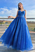 Blaues A-Linien-Tüll-Ballkleid, lang, glitzernd, formelles Abendkleid, PSK394