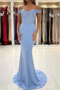 Vestido de baile sereia comprido em renda de chiffon azul PSK303