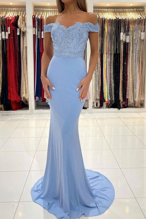 Vestido de baile sereia comprido em renda de chiffon azul PSK303