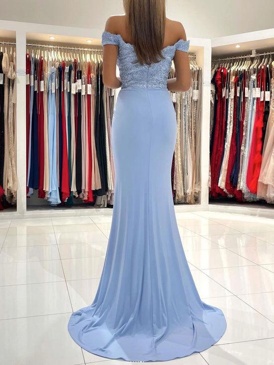 Vestido de baile sereia comprido em renda de chiffon azul PSK303