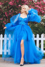Blue Lace Applique Illusion Sleeves Tulle Long Prom Dress with Slit PSK468